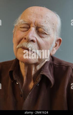 Close up. Thoughtful portrait of a gray-haired old man. Stock Photo