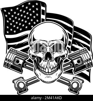 Illustration of skull with crossed pistons on american flag background. Design element for poster, card, banner, sign, emblem. Vector illustration Stock Vector
