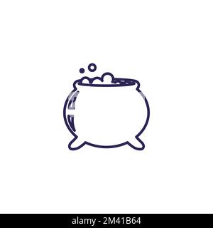 Witches outline cauldron icon with boiling magic potion. Vector decorative element for Halloween. Stock Vector
