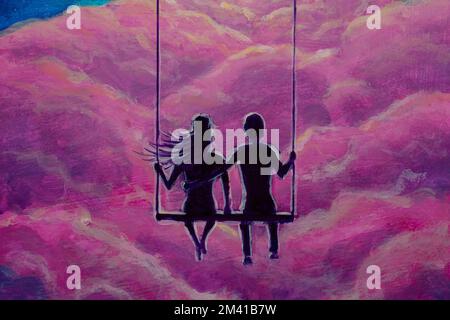 Romantic original acrylic painting on canvas Loving couple ride on swing against backdrop of pink clouds fantasy art Stock Photo