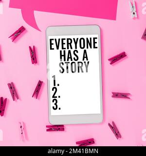 Text showing inspiration Everyone Has A Story. Word Written on Background storytelling telling your memories tales Stock Photo