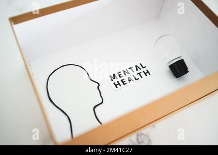 mental health text in box next to cardboard head with light bulb, psychology concept Stock Photo