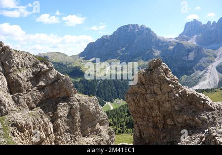 mountain panorama of the Italian alps in the mountain group of the Dolomites called Pale di San Martino in Northern Italy Stock Photo