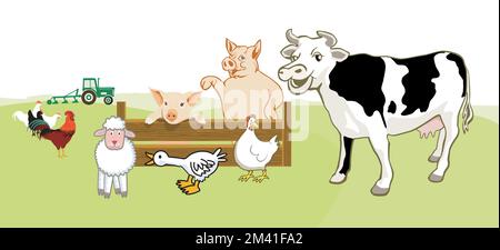 Farming with funny farm animals, illustration Stock Vector