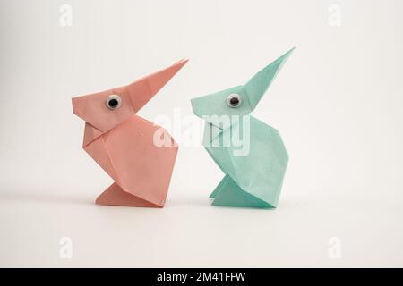 pastel pink rabbit leading the green hare  isolated on a white background Stock Photo