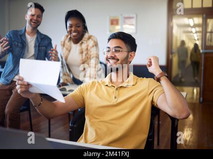 Success, celebration and students with results after exam in university. Goal achievement, education scholarship and group of people happy with friend Stock Photo