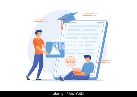 Programming courses web design concept with people. Students studying with computers scene. Online IT courses composition in flat style, flat vector m Stock Vector
