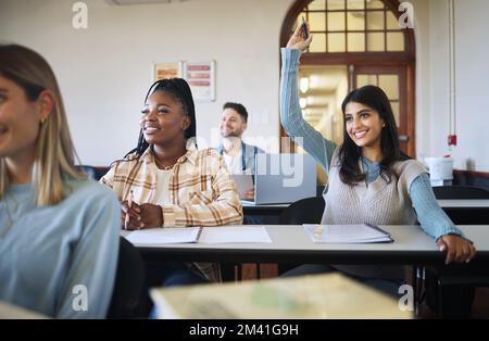 Question, education and learning with a student woman in a university or college class during a lesson. Classroom, study and scholarship with a female Stock Photo