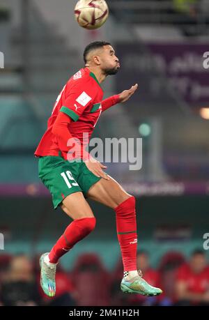 DOHA, QATAR - DECEMBER 17: Youssef En-Nesyri of Morocco heads the ball ,during the FIFA World Cup Qatar 2022 3rd Place match between Croatia and Morocco at Khalifa International Stadium on December 17, 2022o in Doha, Qatar. (Photo by MB Media) Stock Photo