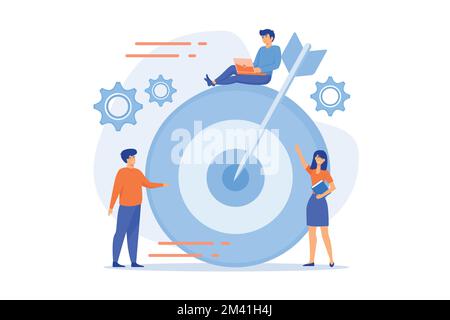 Businessmen working and woman at big target with arrow. Goals and objectives, business grow and plan, goal setting concept on white background, flat v Stock Vector