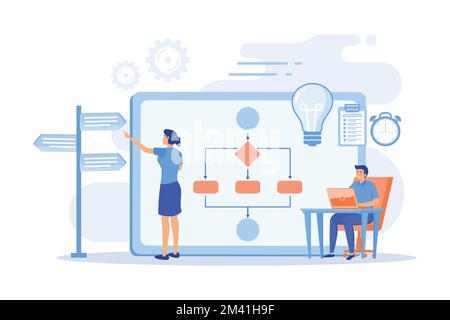 Business analyst with laptop, idea lightbulb and waymark. Decision management, enterprise analysis, decision IT tool and decision system concept, flat Stock Vector