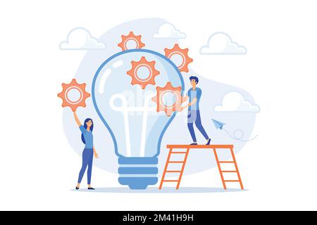 Huge lightbulb and business team holding gears. Teamwork and collaboration, goal achievement, colleagues and workforce concept on white background, fl Stock Vector