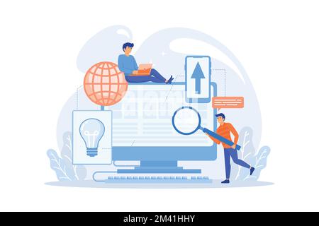 Tiny people developers at computer working on core system. Core system development, all in one software solution, core system modernization concept, f Stock Vector