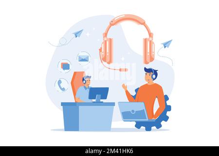 Contact center agents with headsets working at computers. Contact center, customer service point, customer relationship management concept, flat vecto Stock Vector