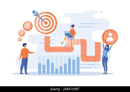 Sales reps and managers analyze sales pipeline. Sales pipeline management, representation of sales prospects, customer prospects lifecycle concept, fl Stock Vector