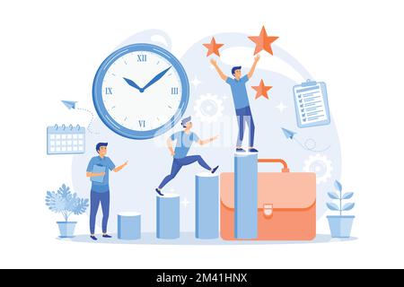 Businessman sets goals and runs up on graph columns for success on time. Self-management, self regulation learning, self-organization course concept, Stock Vector