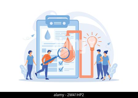 Consumers with magnifier testing new product properties. Product testing, customer needs identification, market research studies concept, flat vector Stock Vector