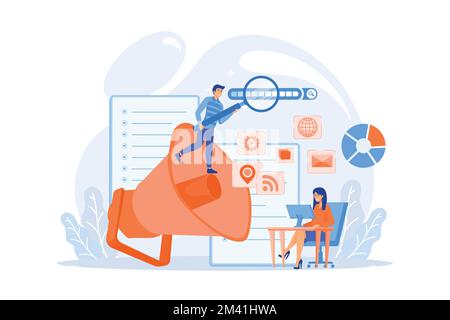Business team with megaphone and media icons work on search engines optimization. Online marketing, seo tools concept on white background, flat vector Stock Vector