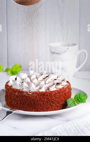 Perfect homemade tiramisu cake sprinkled with cocoa powder. Close up. Copy space Stock Photo