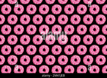 Modern trendy food repeating pattern of pink donuts on a black background.food collage. High quality photo Stock Photo
