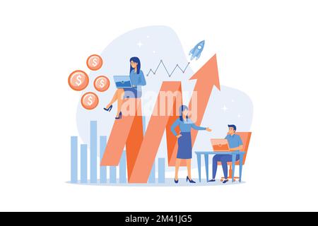Sales managers with laptops and growth chart. Sales growth and manager, accounting, sales promotion and operations concept on white background, flat v Stock Vector