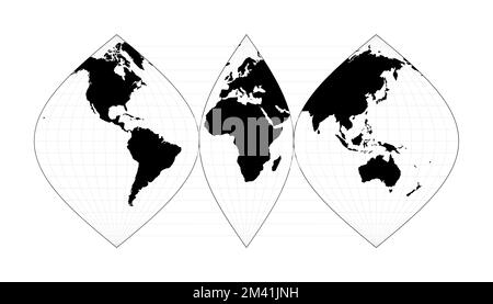 Vector world map. Interrupted sinusoidal projection. Plan world geographical map with graticlue lines. Vector illustration. Stock Vector