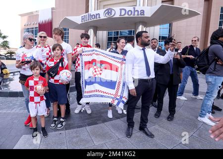 Croatia supporters are seen in front of Hilton Dona Hotel as Croatia national team leaves hotet after winning bronze medal at FIFA World Cup Qatar 2022 in Doha, Qatar on December 18, 2022. Photo: Igor Kralj/PIXSELL Stock Photo