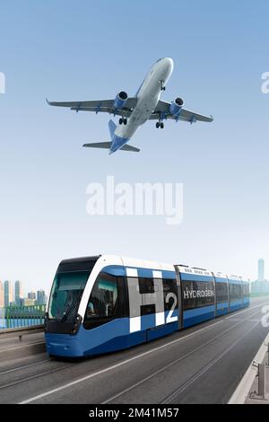 A hydrogen fuel cell tram and plane in the sky. Clean transportation concept Stock Photo