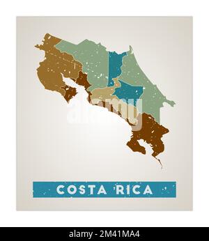 Costa Rica map. Country poster with regions. Old grunge texture. Shape of Costa Rica with country name. Trendy vector illustration. Stock Vector