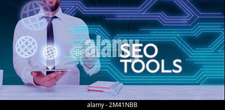 Text caption presenting Seo Tools. Business idea process of affecting online visibility of website or page Stock Photo