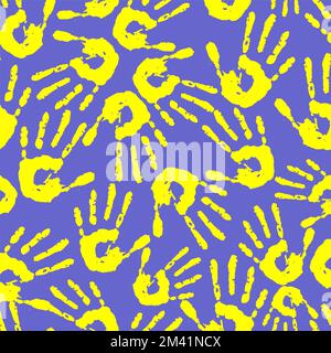 seamless pattern of yellow handprints on a blue background, texture, design Stock Photo