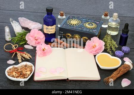 Aphrodisiac love potion recipe ingredients with magic spell