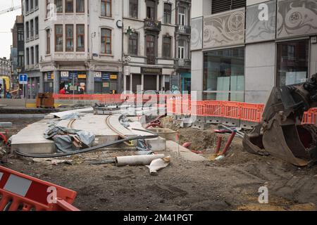 Liege. Wallonia - Belgium 31-10-2021. New tram tracks. Laying tram rails in the city of Liege-Wallonia Stock Photo