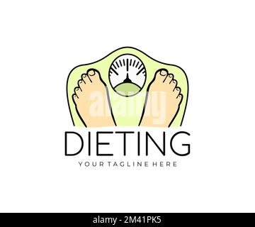 Feet are on the scales, weighing, weight loss, diet and health, logo design. Medicine, gym, healthy food, fitness and sports, vector design Stock Vector