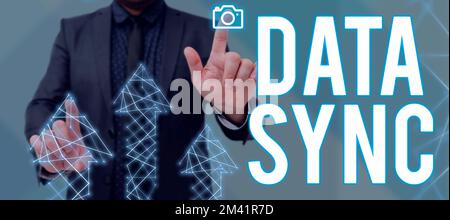 Handwriting text Data Sync. Business approach data that is continuously generated by different sources Stock Photo