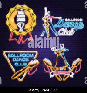 Set of Ballroom dance sport club Bright Neon Sign. Dance sport neon emblem with trophy cup, shoe brush, man and woman silhouette. Vector. Rumba, salsa Stock Vector