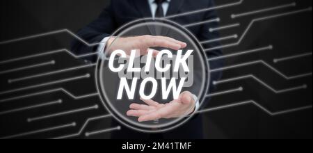 Text caption presenting Click Now. Word for pressing the button signifies subscribing to push notifications Stock Photo