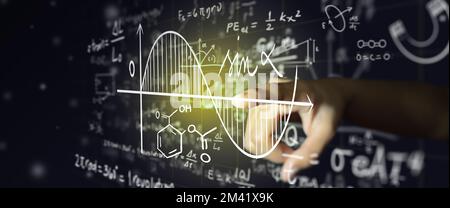 Hand on science formula and math equation abstract black board background. Mathematic or Chemistry education, Artificial intelligence Concept. Stock Photo
