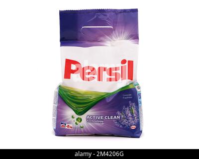 BUCHAREST, ROMANIA - FEBRUARY 12, 2020. Bag of Persil washing powder lavender freshness isolated on white Stock Photo