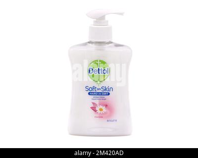 BUCHAREST, ROMANIA - FEBRUARY 12, 2020. Dettol Antibacterial Liquid hand wash or liquid soap with chamomile, isolated on white Stock Photo