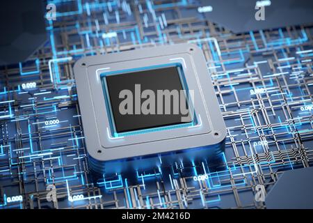 Advanced technology concept visualization: circuit board processor chip running artificial intelligence, neural network and cloud computing data digit Stock Photo