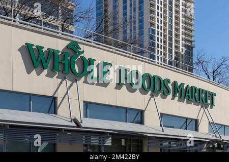 Close up of Whole Foods Market sign on the building. Stock Photo