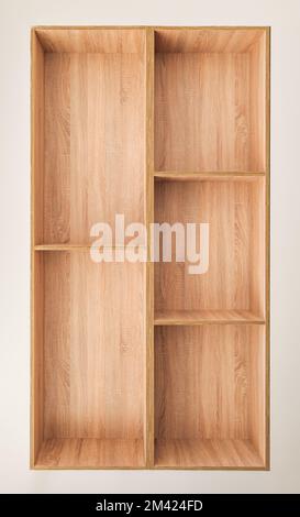 Rack with shelves made of light wood against white background. Sturdy construction with several shelves mounted on supporting vertical boards. Solving Stock Photo