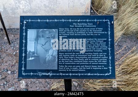 Information sign, Henry Gray home, Bates Well Ranch, El Camino del Diablo, Organ Pipe Cactus National Monument, Arizona, USA Stock Photo