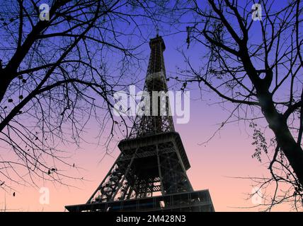 Eiffel Tower with orange and blue background Stock Photo