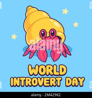 World Introvert Day cute cartoon hermit crab drawing. Vector illustration. Stock Vector