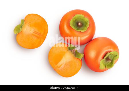 Persimmon fruit isolated on white background with full depth of field. Top view. Flat lay Stock Photo