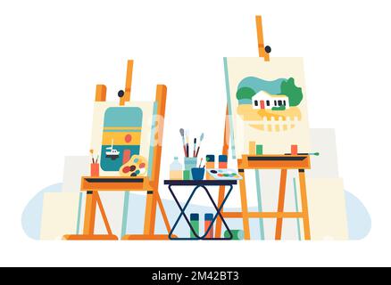 Art studio. Painters workshop. Easel and paints palette. Brushes and picture canvas. Creativity and hobby. Study painting class. Artistic education Stock Vector