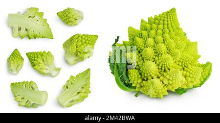 Romanesco broccoli cabbage or Roman Cauliflower isolated on white background . Top view with copy space for your text. Flat lay Stock Photo