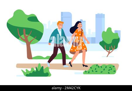 Couple in love walking together. Girlfriend and boyfriend date in city park. Romantic meeting. Happy man and woman holding hands. Lovers stroll in Stock Vector